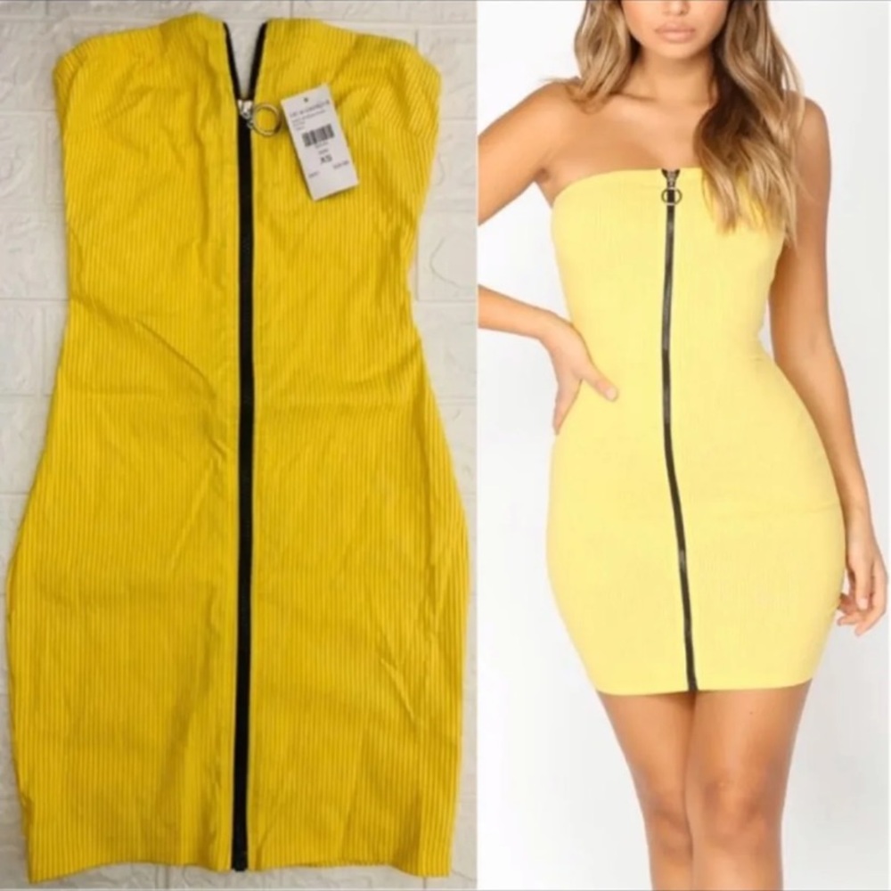 Yellow Striped Zippered Bodycon Dress